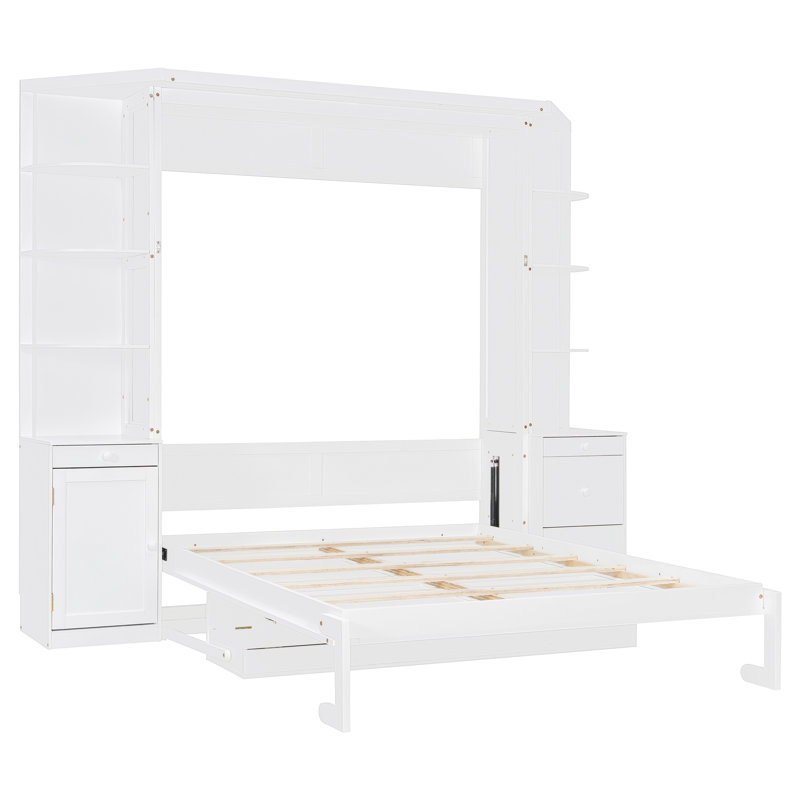 Grand lit escamotable peu encombrant avec bureau, tablettes de rangement et armoires pour bureau personnel, lumières - blanc