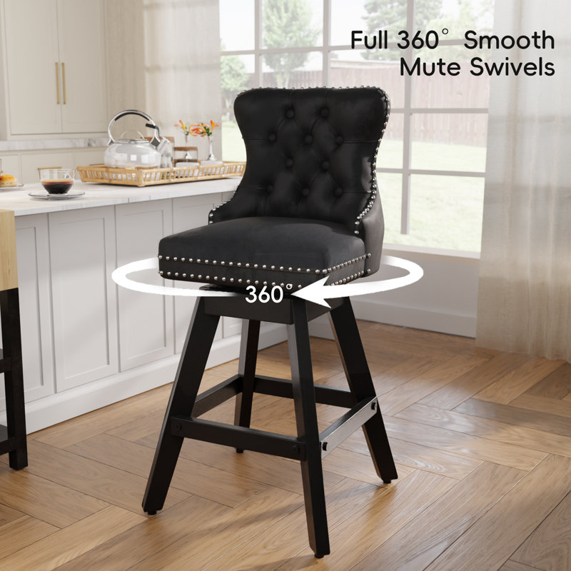 Ensemble de 4 tabourets de bar en bois touffeté et pivotant en velours, Noir, noir, noir, noir