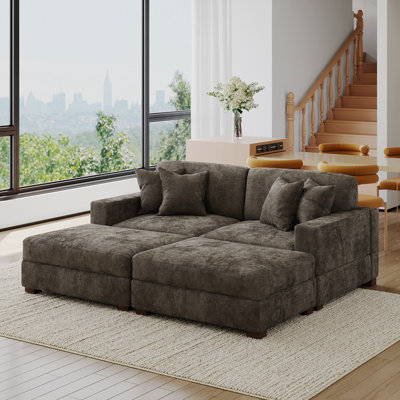 4 - Piece Upholstered Camel Chenille Modular Sectional Sofa with Throw Pillows & Removable Ottomans