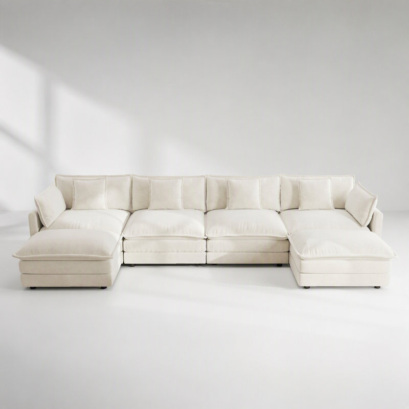 Canapé d'angle confortable en forme de U avec méridienne réversible, grand canapé d'angle modulaire en forme de U, deux poufs supplémentaires, chenille blanche