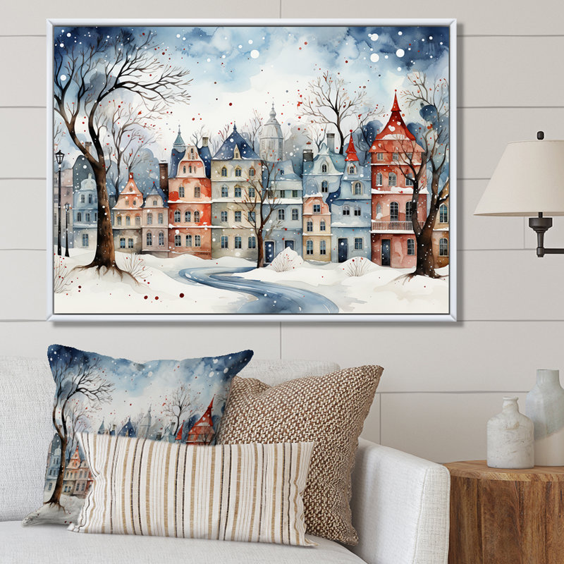 «Christmas village in Winter III - Winter Landscape», art mural encadré, Cadre flottant brun, H 30 po x l 40 po x P 1,5 po