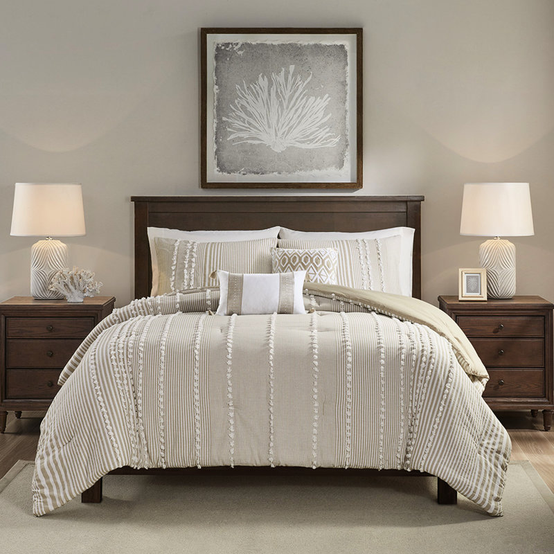 Literie 100% coton teint - rayures taupe, lavable à la machine, édredon confortable / grand doux et blanc