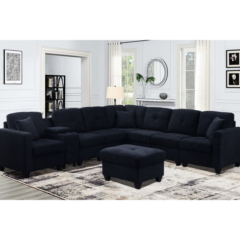 Dark Blue Sectional 7 Microfiber Soft Touch High Skin- Cushions Two Cup Holders Solid Wood Frame Velvety Fabric For Stability