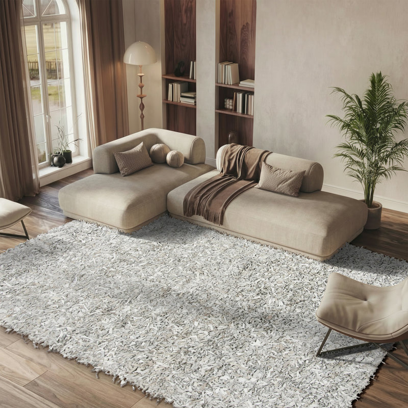 Arik Handwoven Leather/Cotton Solid Color Rug in White/Gray, Rectangle 8' x 10'