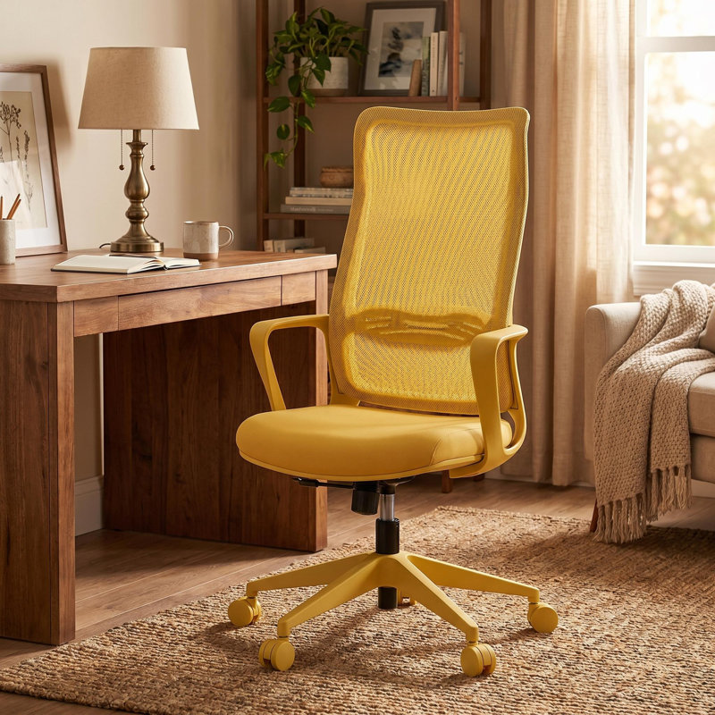 Chaise de travail ergonomique en maille à haut dossier avec support lombaire à 7 niveaux, Jaune moutarde