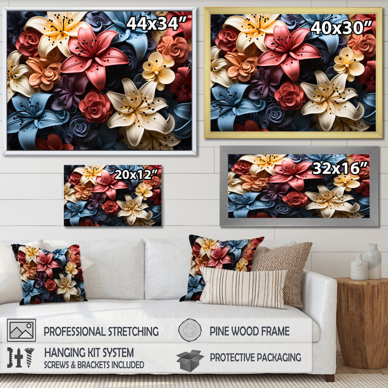 " Colourful Lilies Field Vibrant III ", Cadre flottant noir, 16" H x 32" W