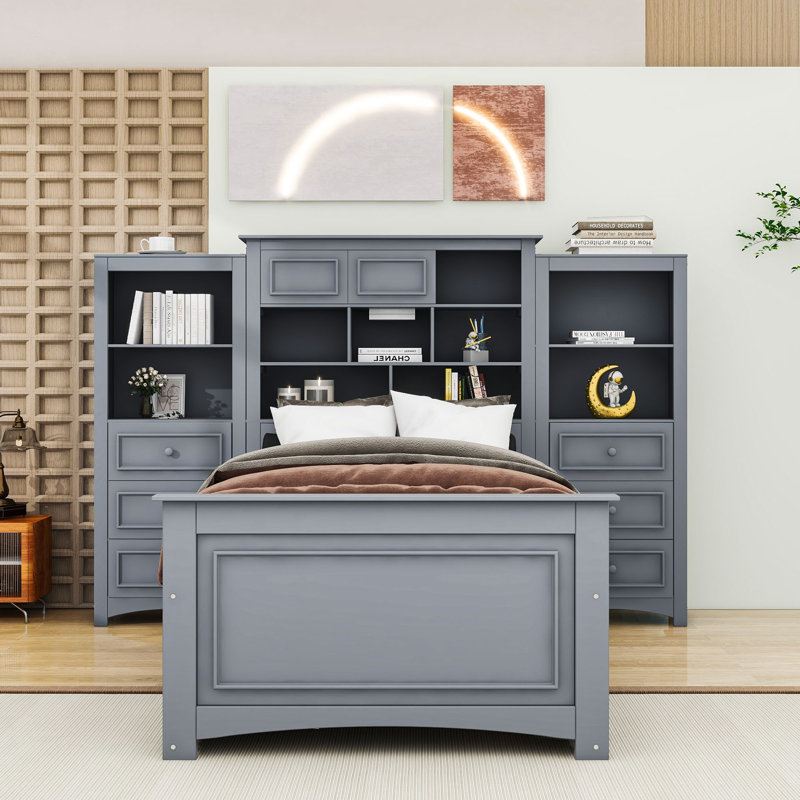 Lit plateforme en bois avec tiroirs et tablettes Brandace, gris