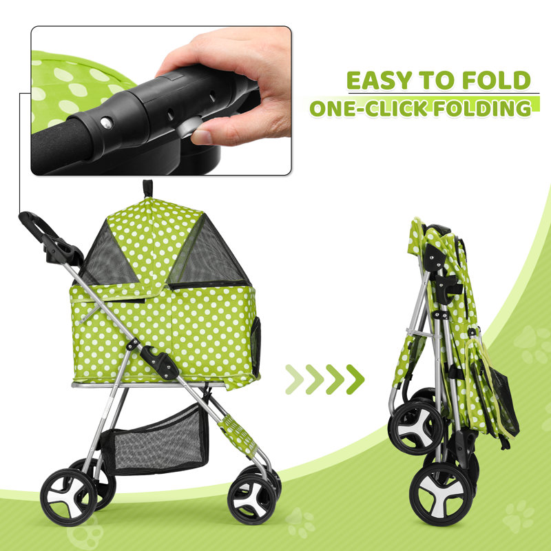 Lawn Green Polka Dot 3-in-1 Foldable Pet Stroller with Steel Frame