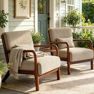 Set of 2 Mid-Century Modern Accent Chair, Corduroy Upholstered Wooden Armchair with Lumbar Support Pillow, Comfy Lounge Reading Chair with Solid Wood Frame for Living Room, Bedroom, Office