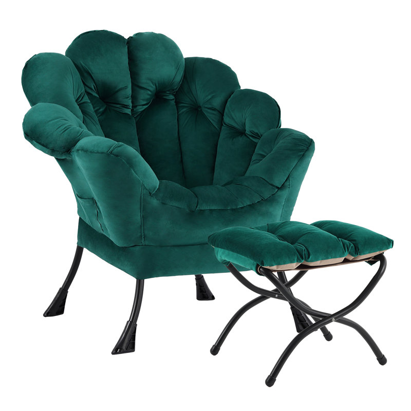 Lazy Chair With Ottoman, Modern Floral Chair With Folding Footrest, Lounge Accent Chair, Dark Green