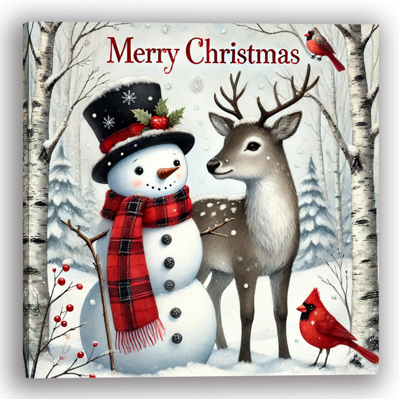 «Joyful Winter Companions: Snowman and Deer Christmas», art sur toile, H 40 po x l 40 po x P 1,5 po