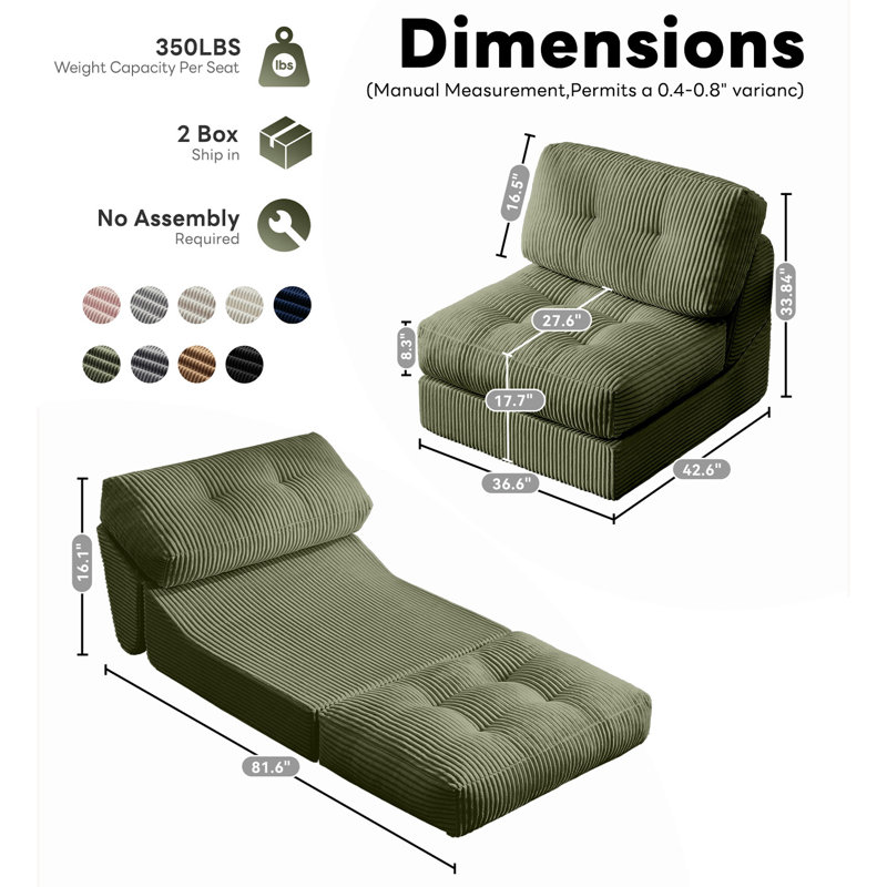 Boneless 8.3" Futon Mattress, Folding Sofa Bed,Modern Corduroy Upholstered Sofa - Comfortable Accent Chair,Set Of 2, Green