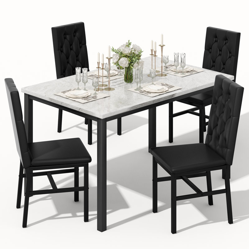  Ensemble de table de salle à manger pour 4 personnes, table de cuisine en faux marbre avec 4 chaises en cuir, ensembles de cuisine et de salle à manger modernes pour salle à manger, appartement, restaurant, boutons gris et noirs