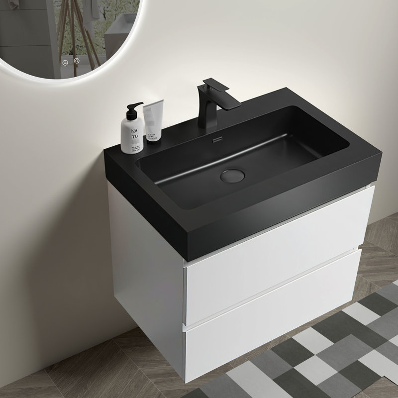 Meuble-lavabo mural de 24 po - blanc et noir élégant, grand espace de rangement, fonctionnement silencieux, salle de bain à design biseauté distinctif de 24 po et lavabo noir mat, Grace, capacité de rangement généreuse, fonctionnement parfait,