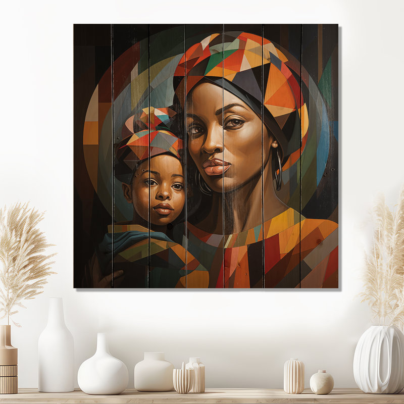 Orange orange, mère et enfant «Bond I» - reproduction d'art africain sur bois, H 15 po x l 15 po