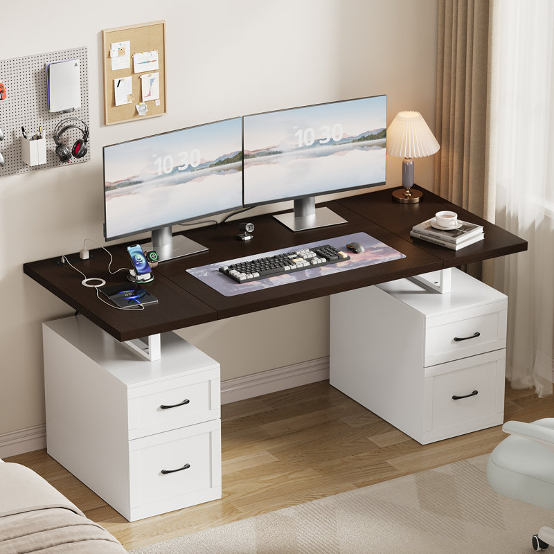 Bureau de ferme Vividwood avec tiroirs et prise de courant, bureau à domicile blanc avec classeur réglable, bureau de direction 71 po avec rangement, bureau d'ordinateur avec panneau d'intimité