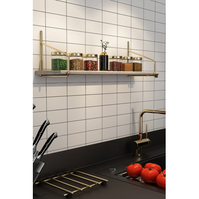 Modern Solid Wood Wall Shelf with Metal Brackets, 5.9 x 5.9 x 23.6 Inches | 100% Solid Wood Construction, Brown & Gold Finish | Stylish Industrial Design, Perfect for Home Decor & Organization