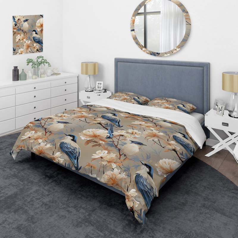 Ensemble de housse de couette à motif floral beige et bleu, Housse de couette simple + 1 taie décorative stan