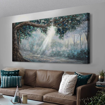 Forêt, toile, art mural, arbre, paysage, image panoramique, paysage rustique moderne, peinture texturée, grande œuvre d'art encadrée pour le salon, la chambre, la salle de bain, le bureau, la décoration intérieure, 40 po x 20 po