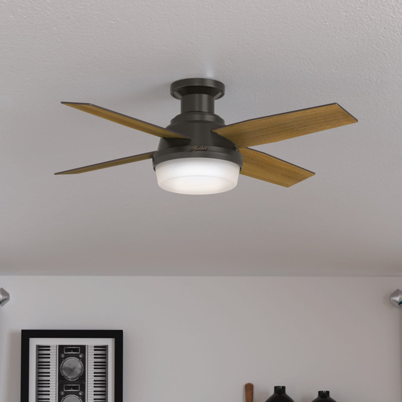 Dempsey Low Profile 44" 4 - Blade Indoor Flush Mount Small Room Ceiling Fan with Lights and Remote, Noble Bronze