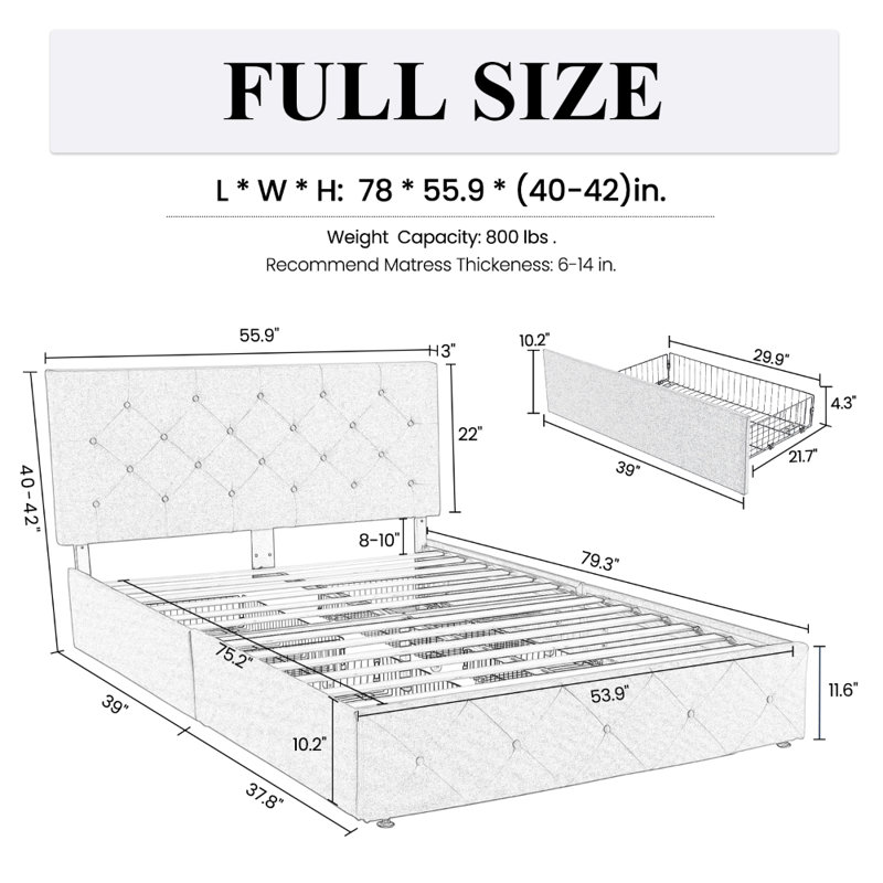 Silvester Modern Upholstered Platform Storage Bed with Wooden Slats, no box spring needed, Full, White Diamond Faux Leather