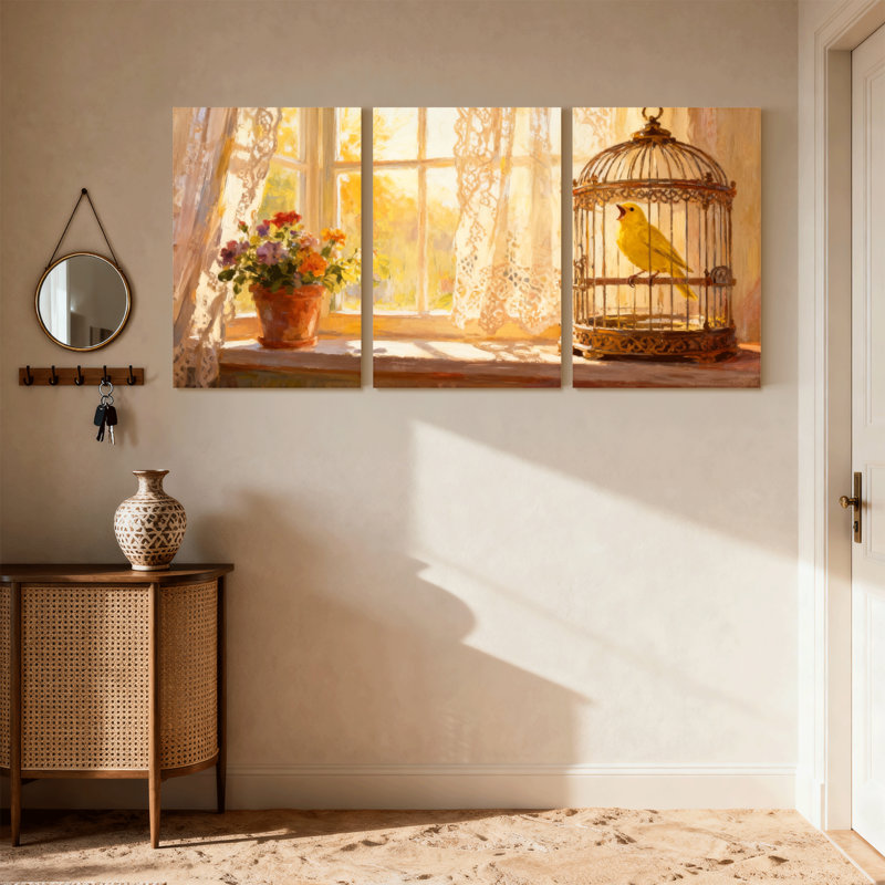 Birds Sunlit Window Birdcage Flowers, H 30 po x l 60 po