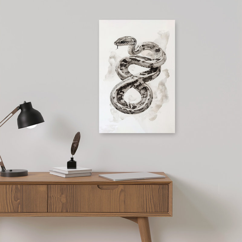 Coiled Serpent Drawing Dramatic Elegant Realistic Snake Wildlife Wall Art Print 1 Piece Wrapped Canvas Wall Art