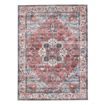 Winston Porter Red/Sky Blue Machine Washable Area Rug – Non-Slip, Stain Resistant, GRS Certified, for Bedroom, Living & Dining