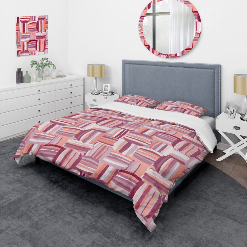 Corail et rose grunge rayé - ensemble de housse de couette abstraite - polyester microfibre