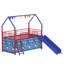 Lit mezzanine double Zeso pour enfants, motif maison, bleu marine et rouge, avec glissade et rideau
