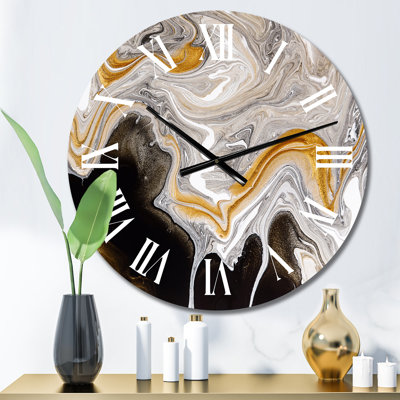 Horloge murale moderne noir et blanc à vagues de marbre liquide IV