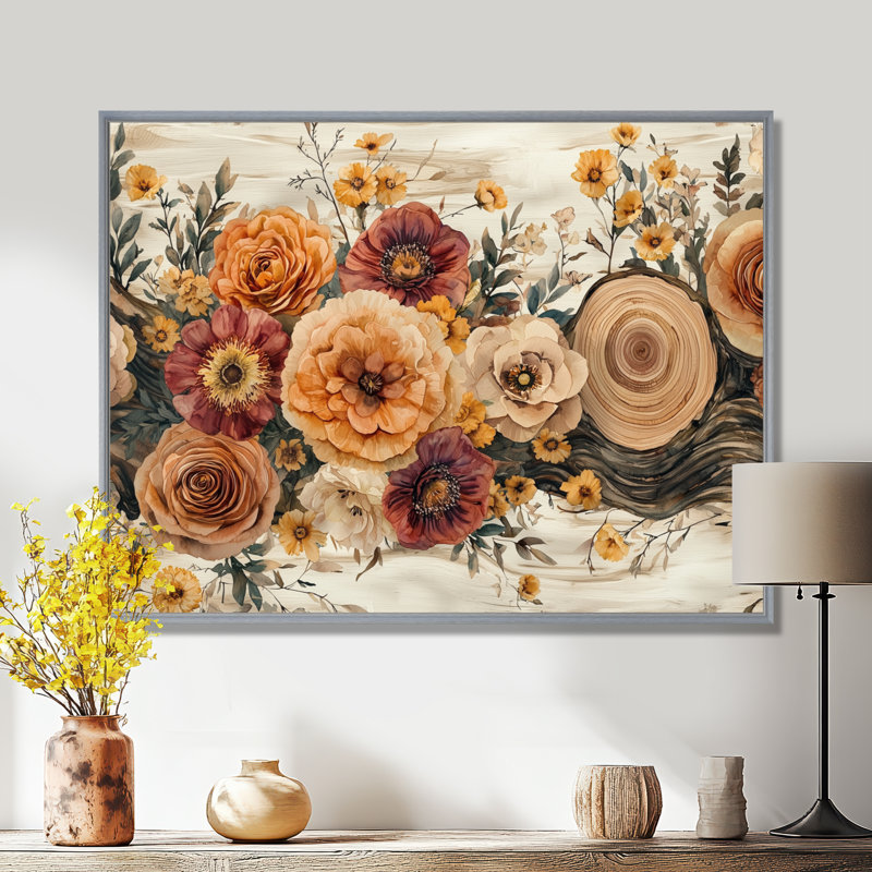 Bouquet d'automne assorti de fleurs sur une glissoire en bois, Silver, Floater Framed, 24" H x 32" W