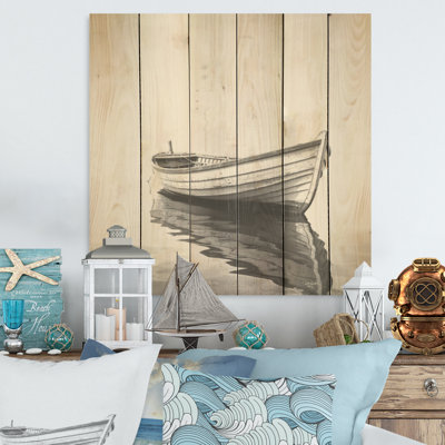 Noir et blanc, bateau de pêche minimalisme - bateau côtier, art mural sur bois de pin naturel