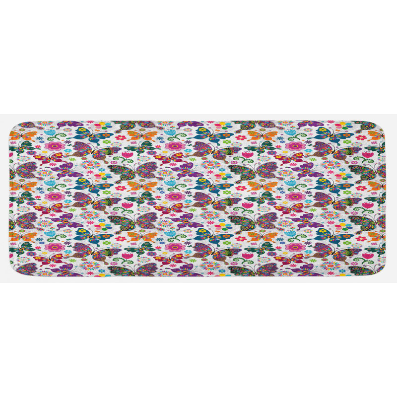 Tapis de cuisine multicolore inspiré des éléments floraux et papillons des années 60 et 70
