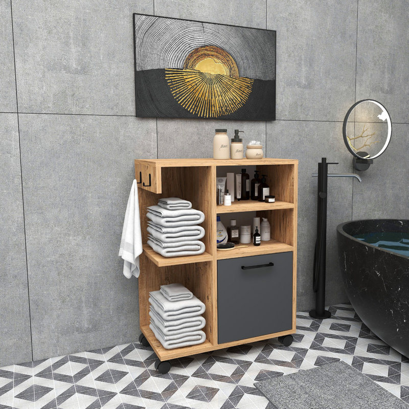 Modern Multi-Purpose Cabinet, Atlantic Pine & Anthracite, 23.6 x 31.9 x 13.8 inches | 100% Melamine Coated Particle Board, 0.7 inches Thick | Features Shelves, Wall-Mountable, and Rolling Legs for Versatile Storage Solutions