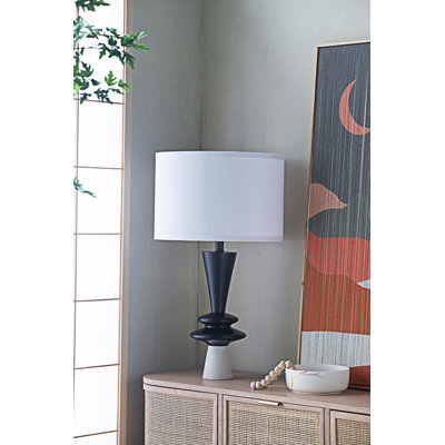 Modern Aluminum Table Lamp With Dual Disc Accents And White Fabric Shade