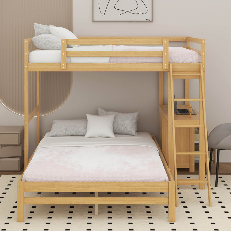 Lit superposé simple au dessus d'un lit double avec bureau intégré et trois tiroirs, Naturel