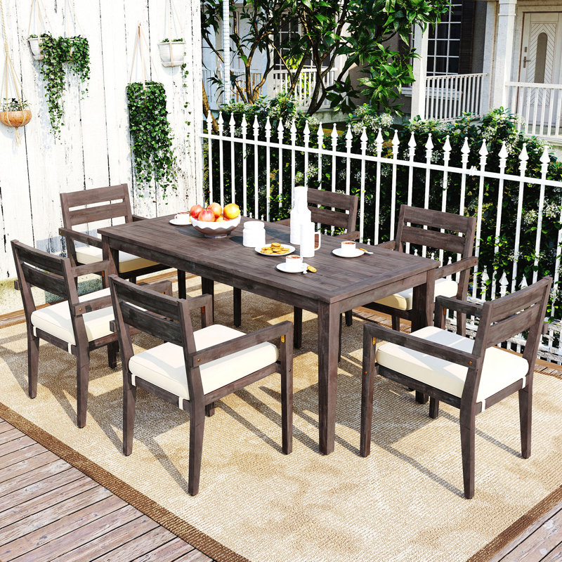 7 Pieces Acacia Wood Outdoor Dining Set With Cushions Modern 6 Chairs And 1 Large Table Dining Furniture Set For Lawn Backyard Garden Deck Poolside