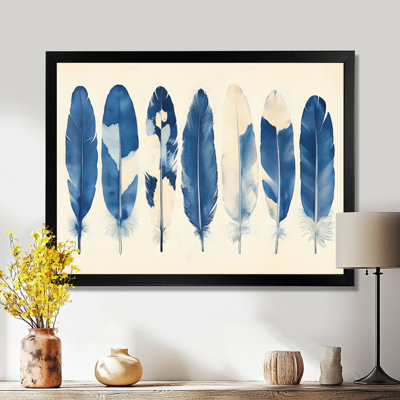 Beige Feathers in Prussian Blue II - Natural History Picture Framed Wall Art