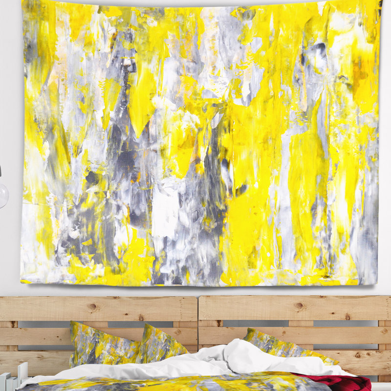 Tapisserie de motif abstrait gris et jaune, H 32 po x l 39 po