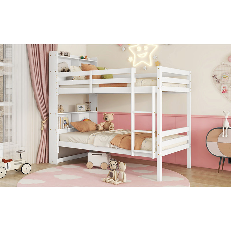 White Twin Over Bunk Bed With Shelves, Made From Rubber Wood, Measures, Detachable Into 2 Beds Shelf Headboard, Wood Build, First, Convertible To Separate