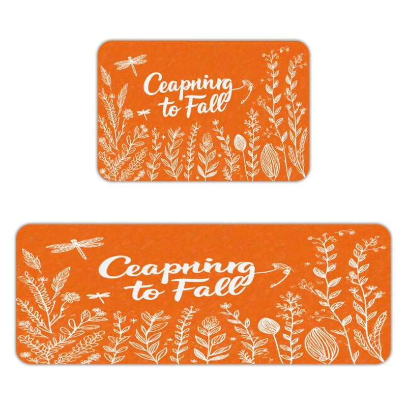 Autumn Floral & Dragonfly, 2 Pcs Non Slip Kitchen Mats, Orange Floral