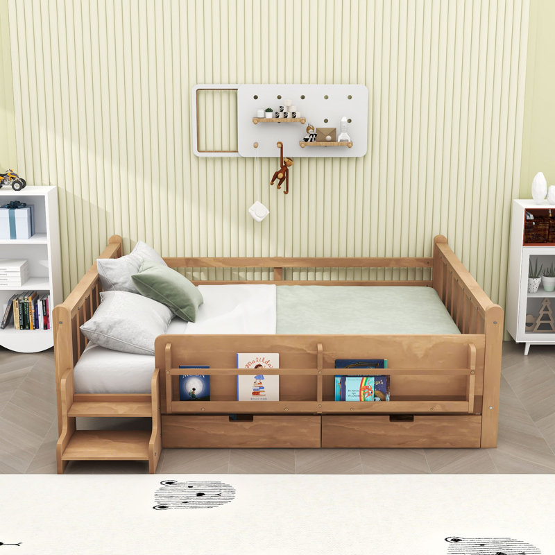 Lit sur pied avec bibliothèques de rangement et tiroirs, Naturel, Grand lit