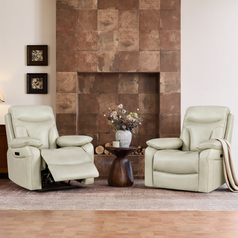 35.8" W Vegan Leather zero clearence recliner Dual Motor Power Recliner With Power Headrest, Creamy Gray