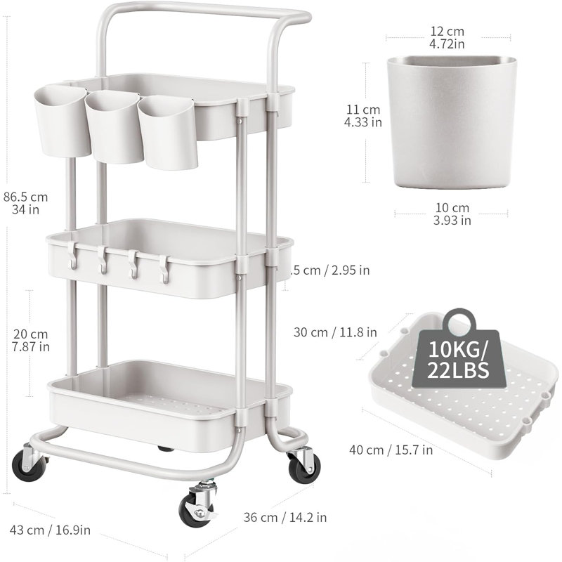 White 3-Tier Metal and ABS Rolling Utility Cart