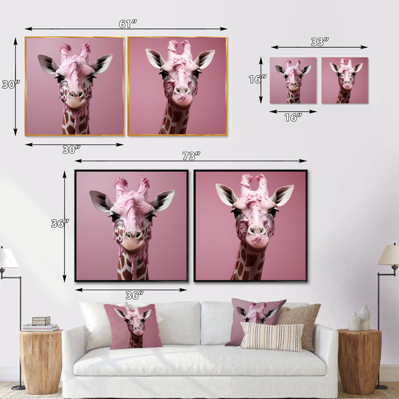 Girafe rose, position romantique, ensemble de 2 animaux, H 16 po x l 33 po, Cadre flottant doré