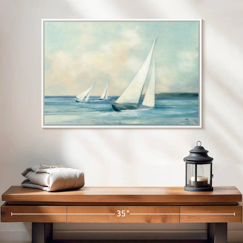 Voiliers au lever du soleil, 25 po x 17 po, Cadre flottant blanc