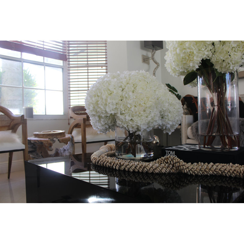 White Hydrangeas In Clear Glass Cylinder Vase, White, 16" H x 18" W x 18" D