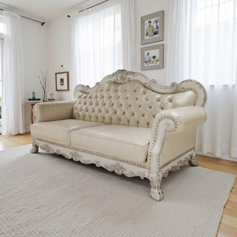 Canapé Ally, 4 coussins, 86 po, pieds griffes, similicuir blanc rétro