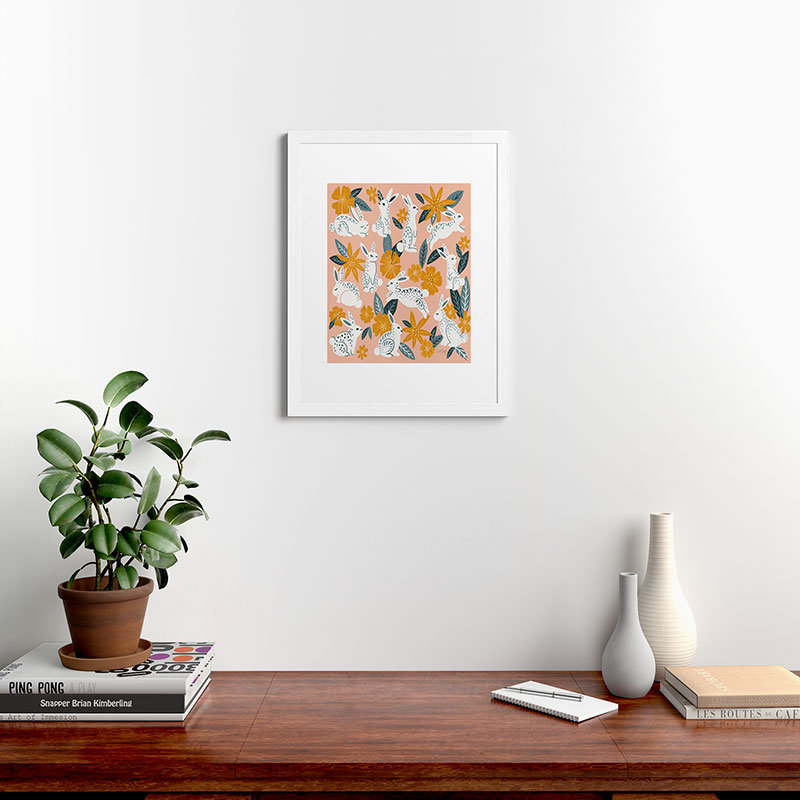 «Cat Coquillette Bunnies Blooms Teal Blush», reproduction d'art encadrée, H 24 po x l 18 po, Blanc
